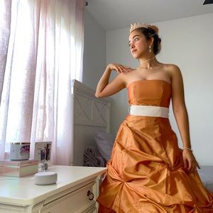 Orange and Cream A-Line Strapless Ball Gown with Sash